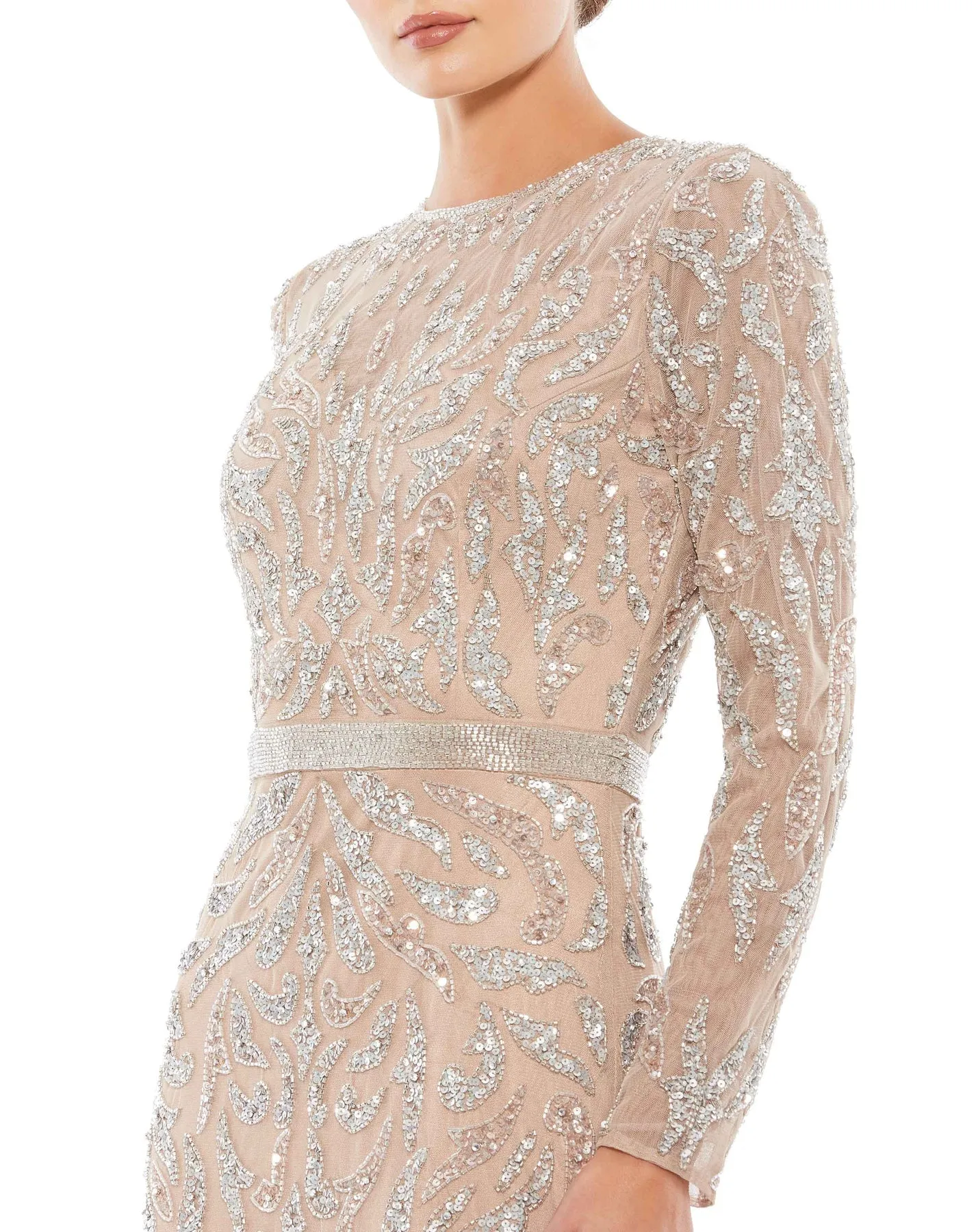 Beaded Long Sleeve Evening Gown