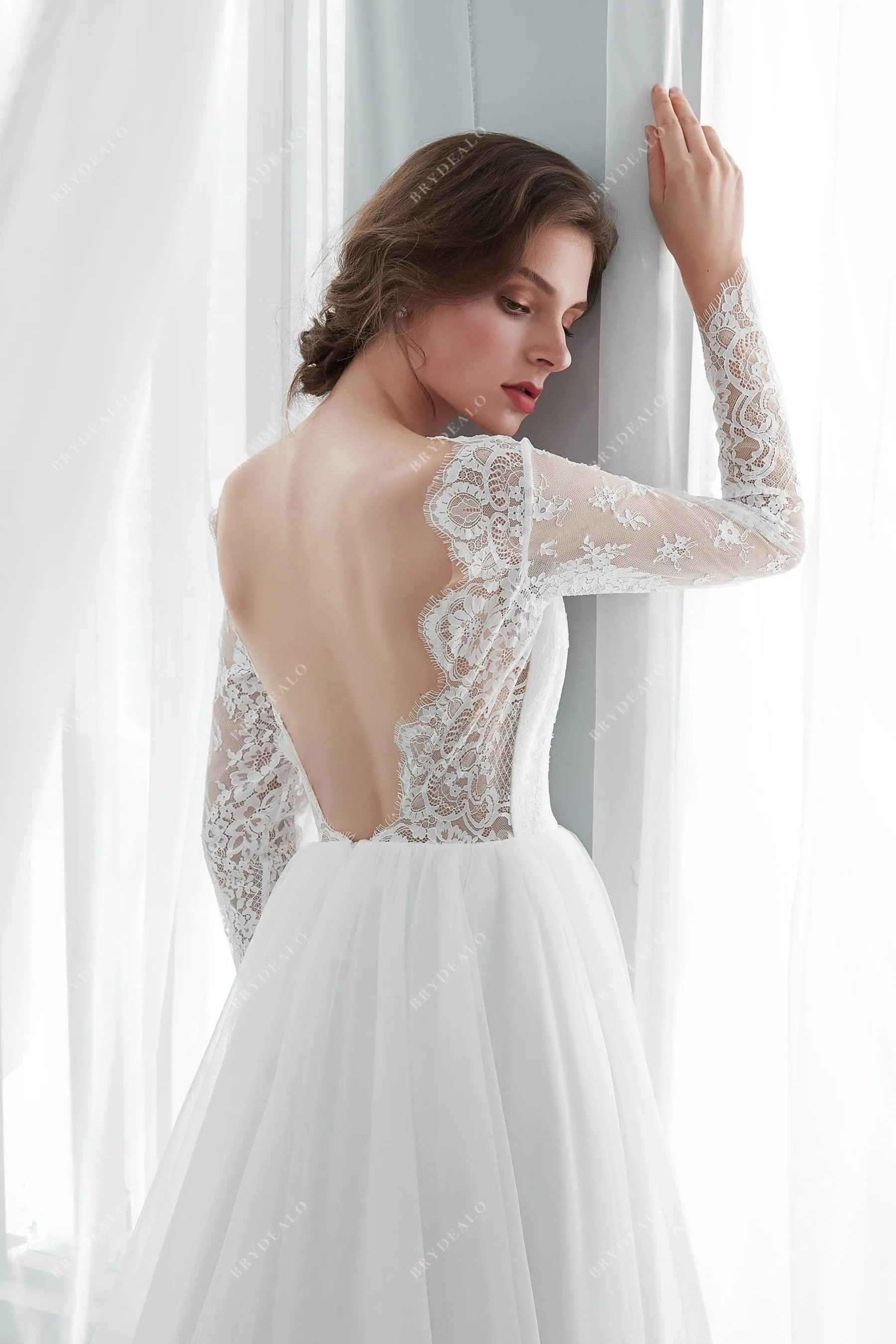 Boho Lace Illusion Long Sleeve Scallop Neck Summer Wedding Dress