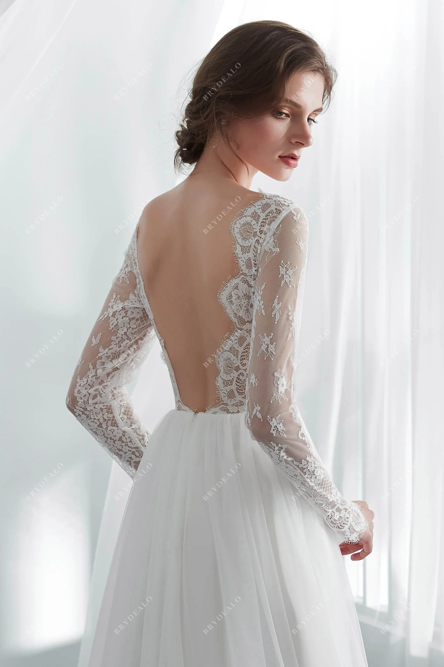 Boho Lace Illusion Long Sleeve Scallop Neck Summer Wedding Dress