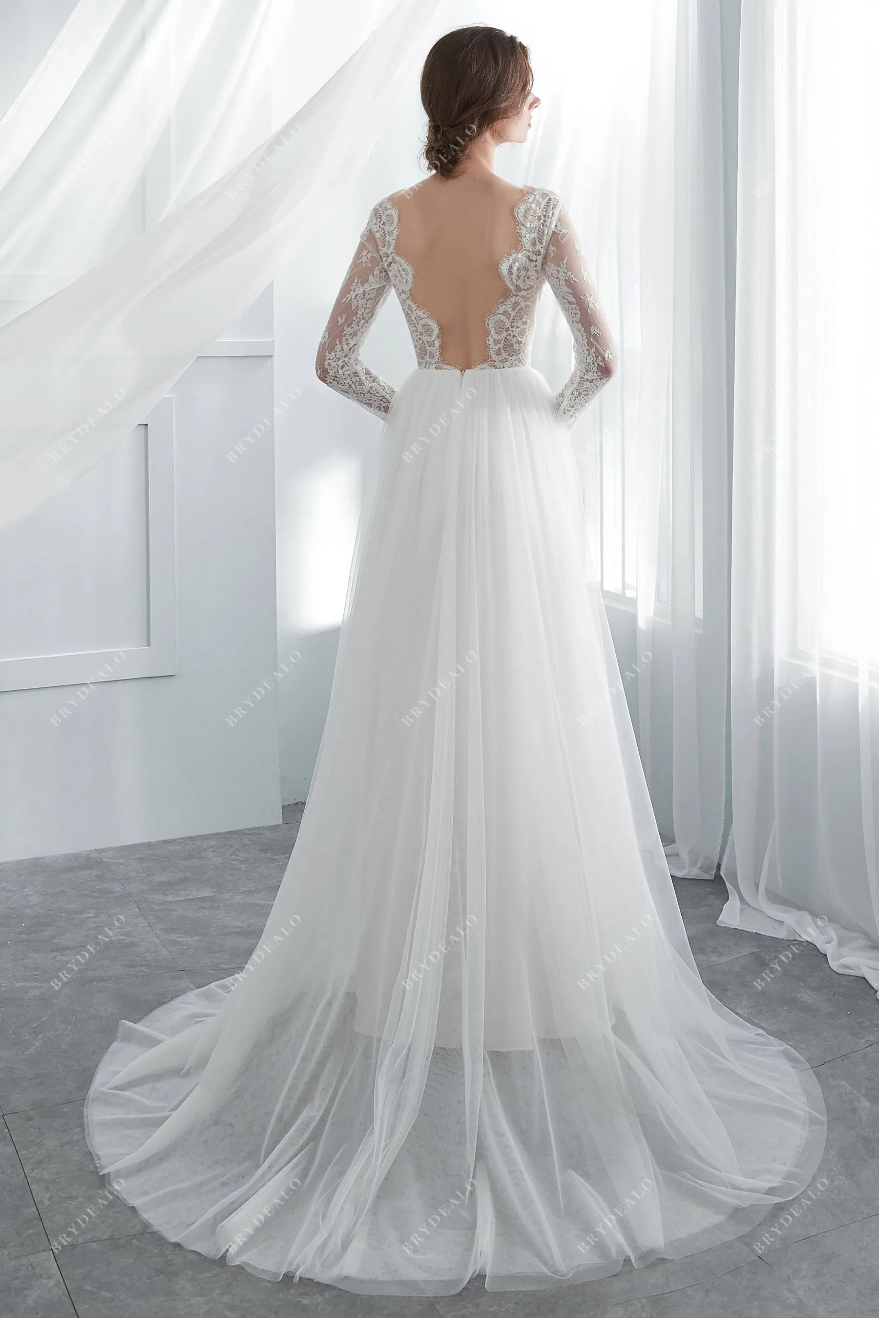 Boho Lace Illusion Long Sleeve Scallop Neck Summer Wedding Dress