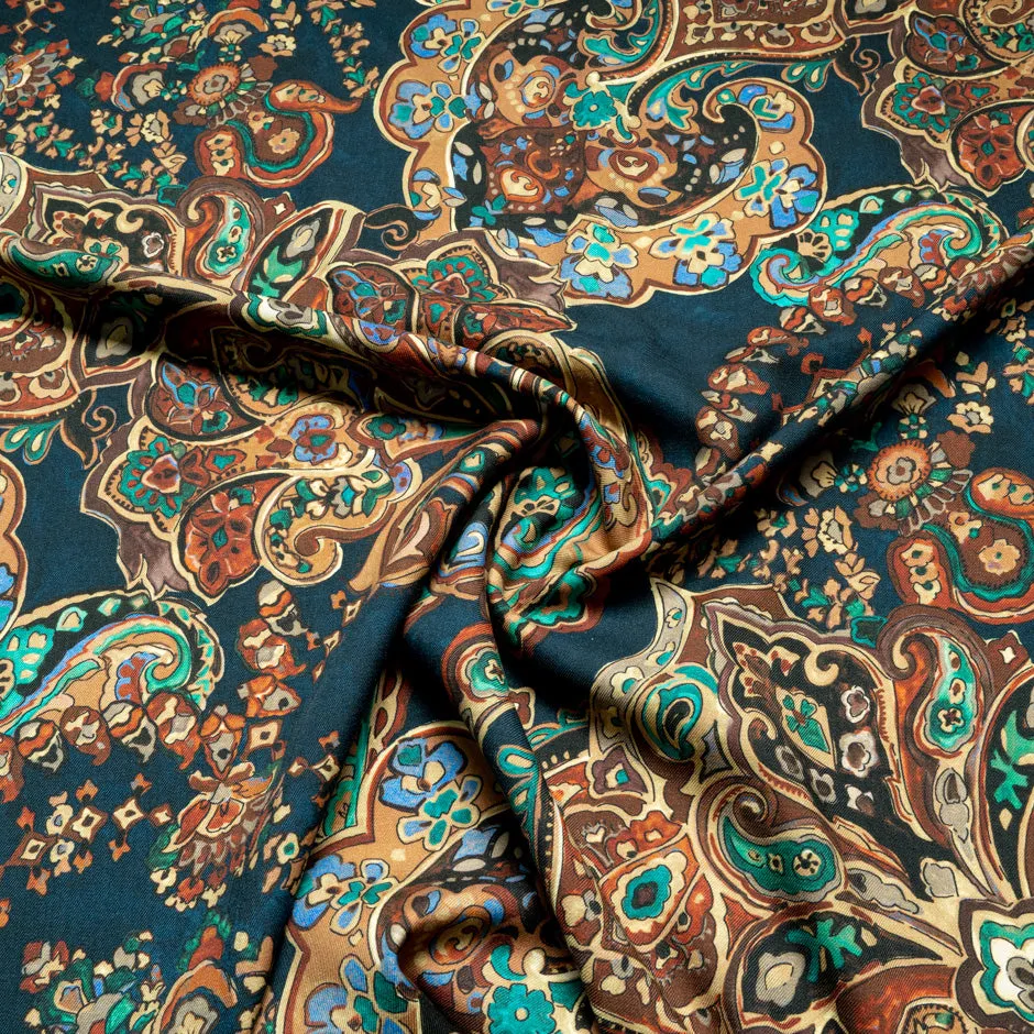 Brown & Dark Blue Paisley Printed Pure Merino Wool