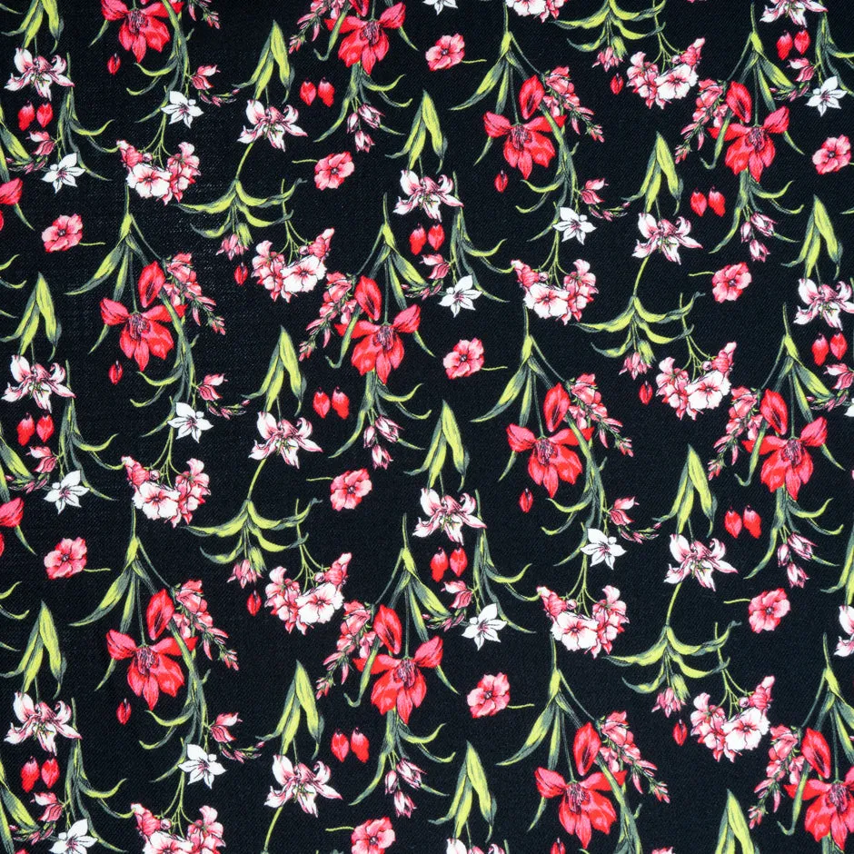 Cherry Red Floral Floral Printed Black Merino Wool