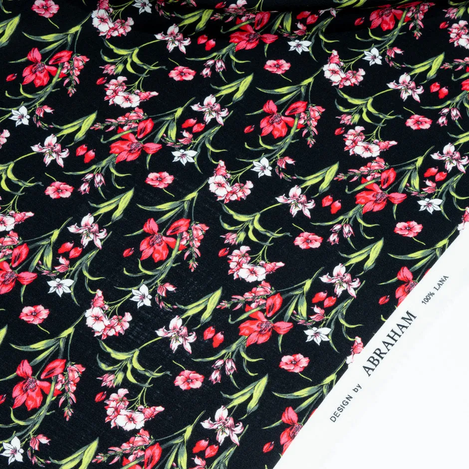 Cherry Red Floral Floral Printed Black Merino Wool