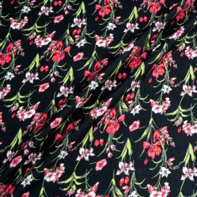 Cherry Red Floral Floral Printed Black Merino Wool