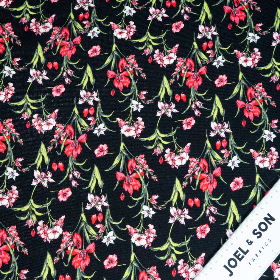 Cherry Red Floral Floral Printed Black Merino Wool