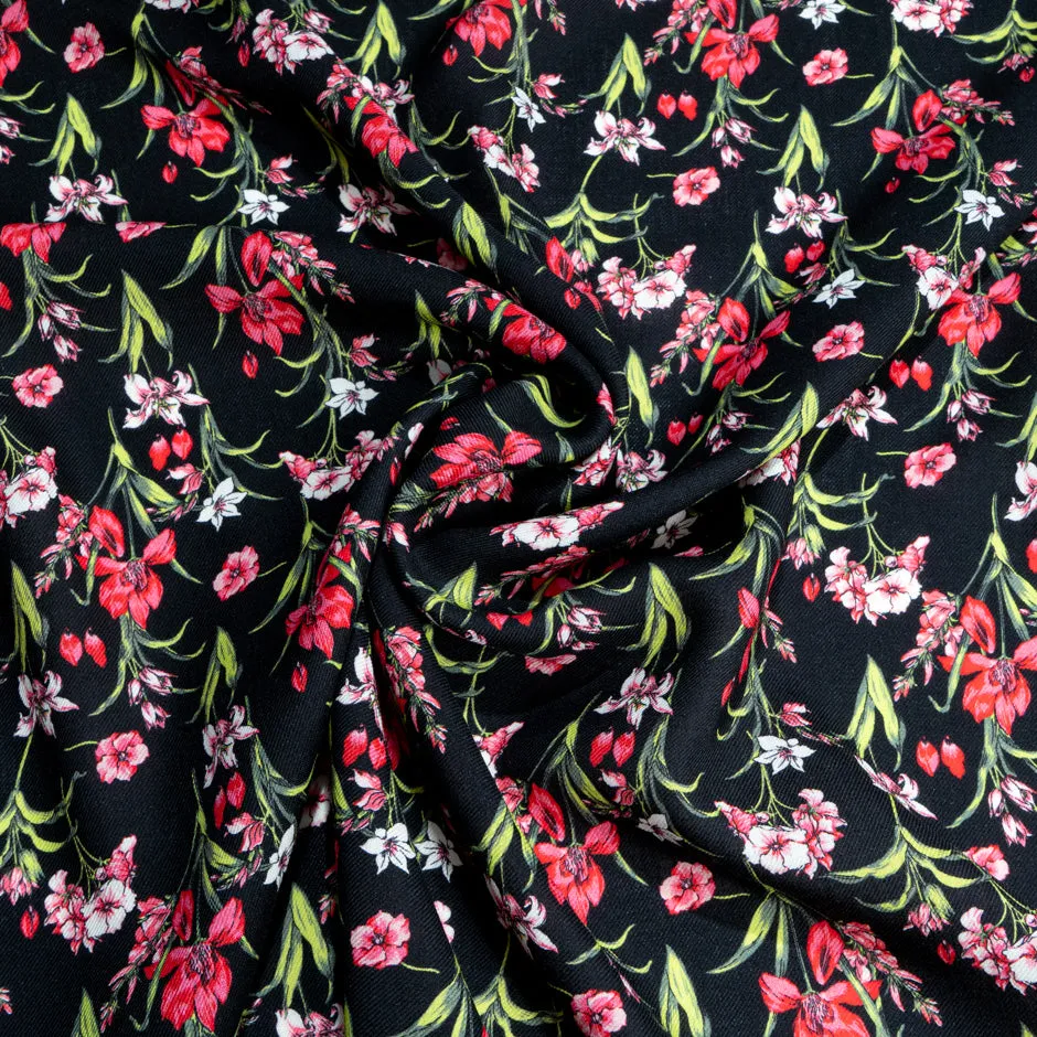 Cherry Red Floral Floral Printed Black Merino Wool