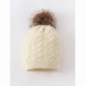Cream cable knit pom pom child hat