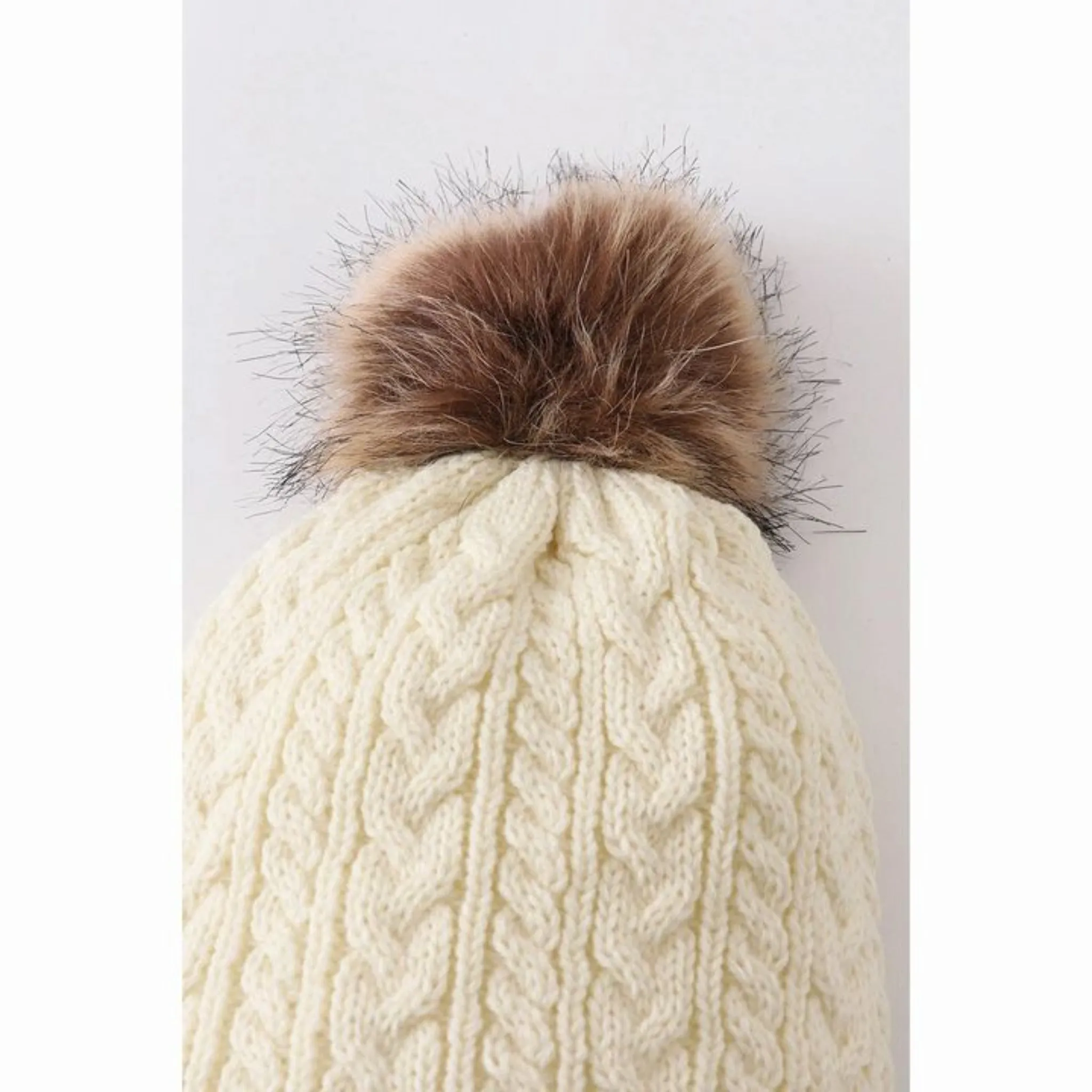Cream cable knit pom pom child hat