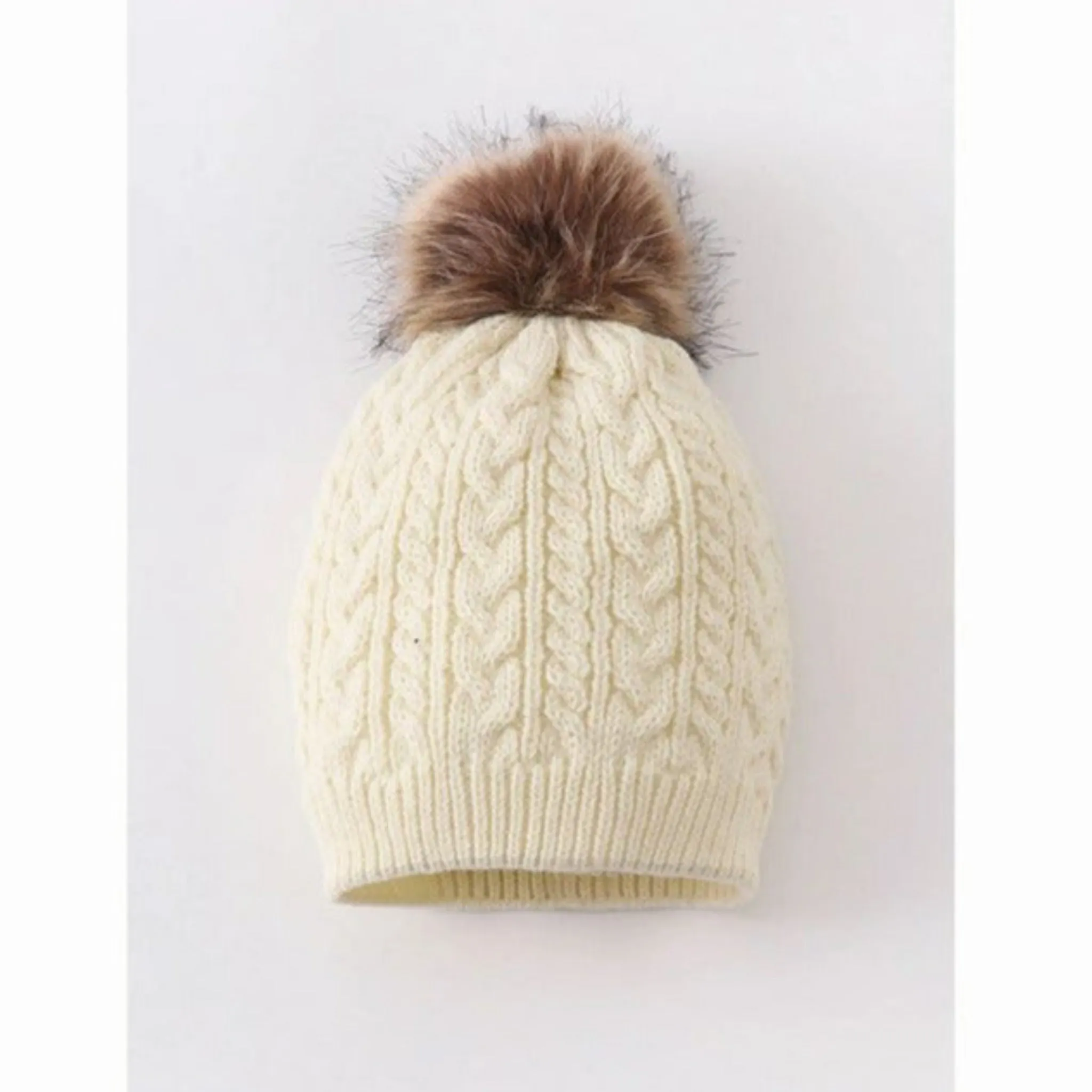 Cream cable knit pom pom child hat