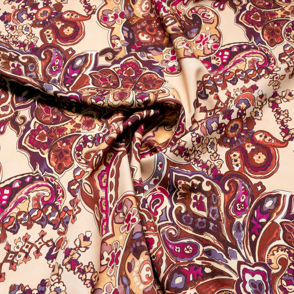 Deep Pink & Brown Paisley Printed Pure Merino Wool
