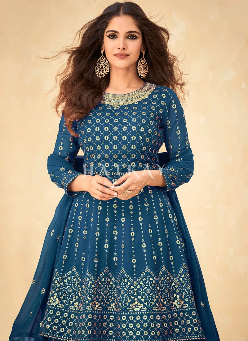Deep Turquoise Embroidered Georgette Traditional Lehenga