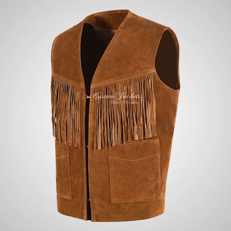 FRINGE Men's Suede Vest with Fringes Soft Calf Suede Waistcoat