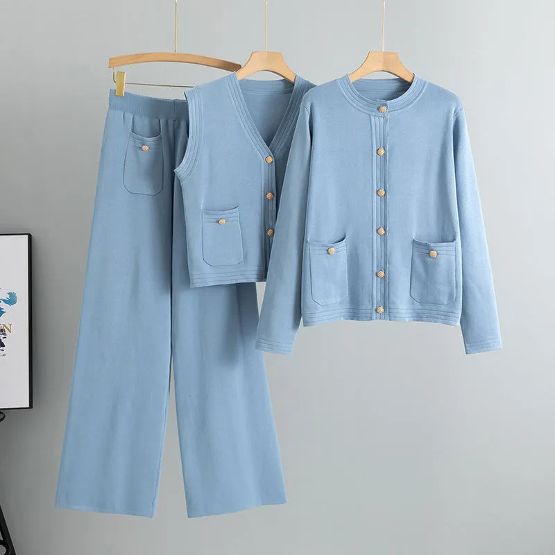 GBOLSOS 2025 fashion wide-leg pants sweater vest three-piece set women's spring and autumn new vest knitted cardigan set
