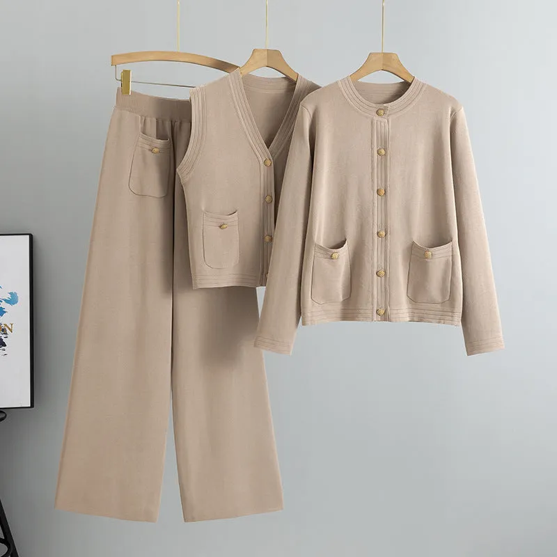 GBOLSOS 2025 fashion wide-leg pants sweater vest three-piece set women's spring and autumn new vest knitted cardigan set