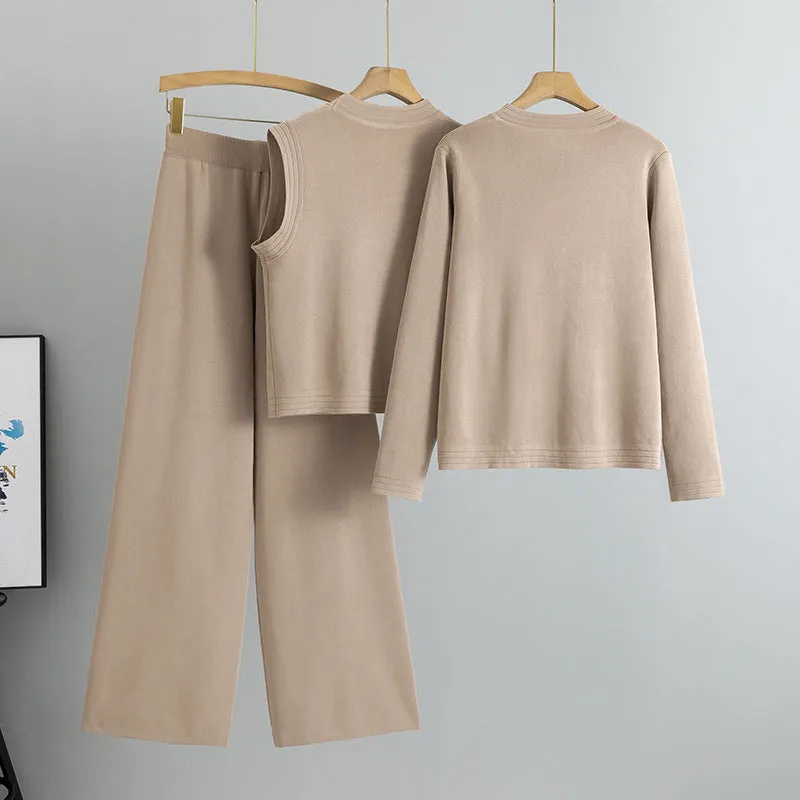 GBOLSOS 2025 fashion wide-leg pants sweater vest three-piece set women's spring and autumn new vest knitted cardigan set