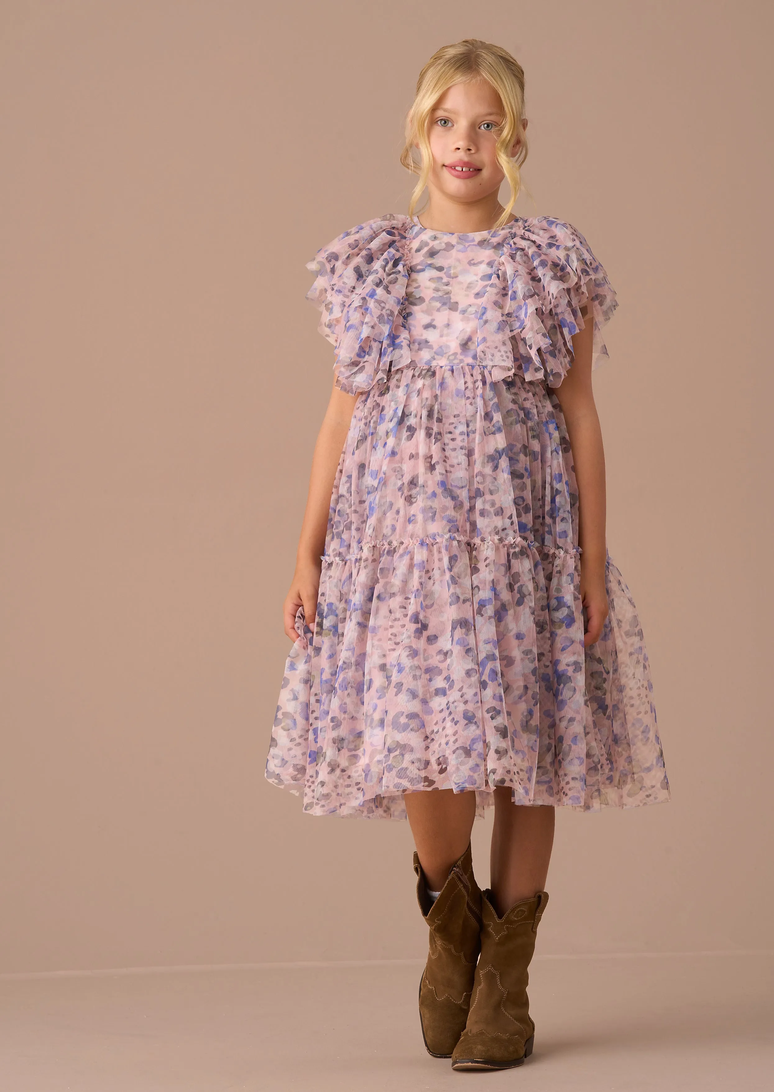 Juliana Pink Printed Frill Mesh Dress