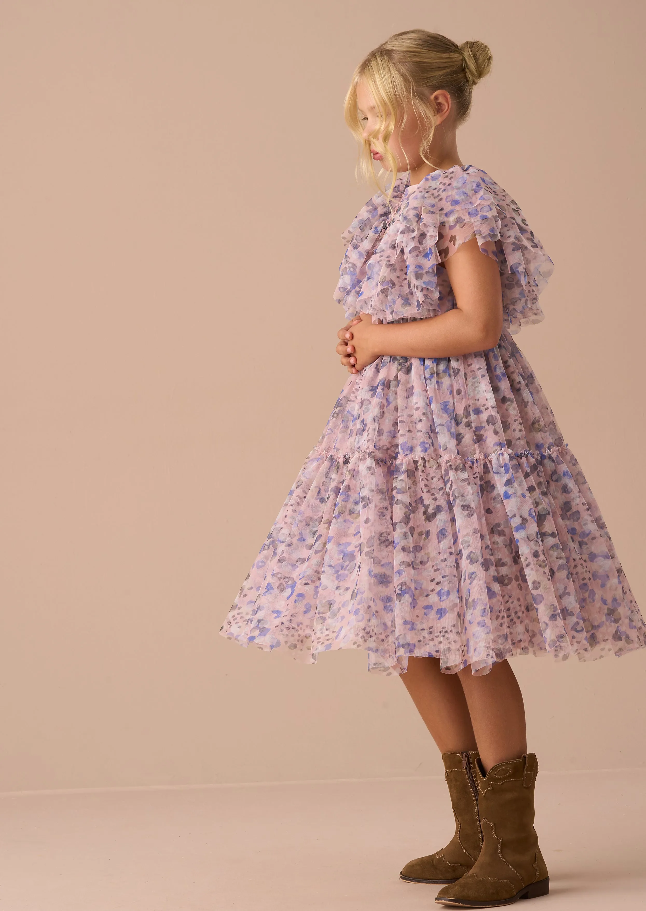 Juliana Pink Printed Frill Mesh Dress