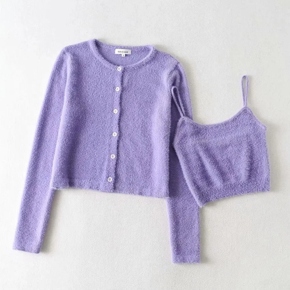 Mohair Knitted Cardigan Coat Top Suspender Vest Suit