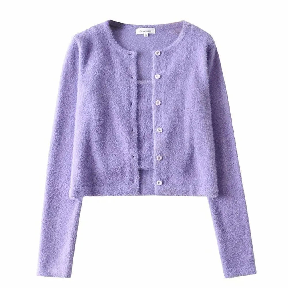 Mohair Knitted Cardigan Coat Top Suspender Vest Suit