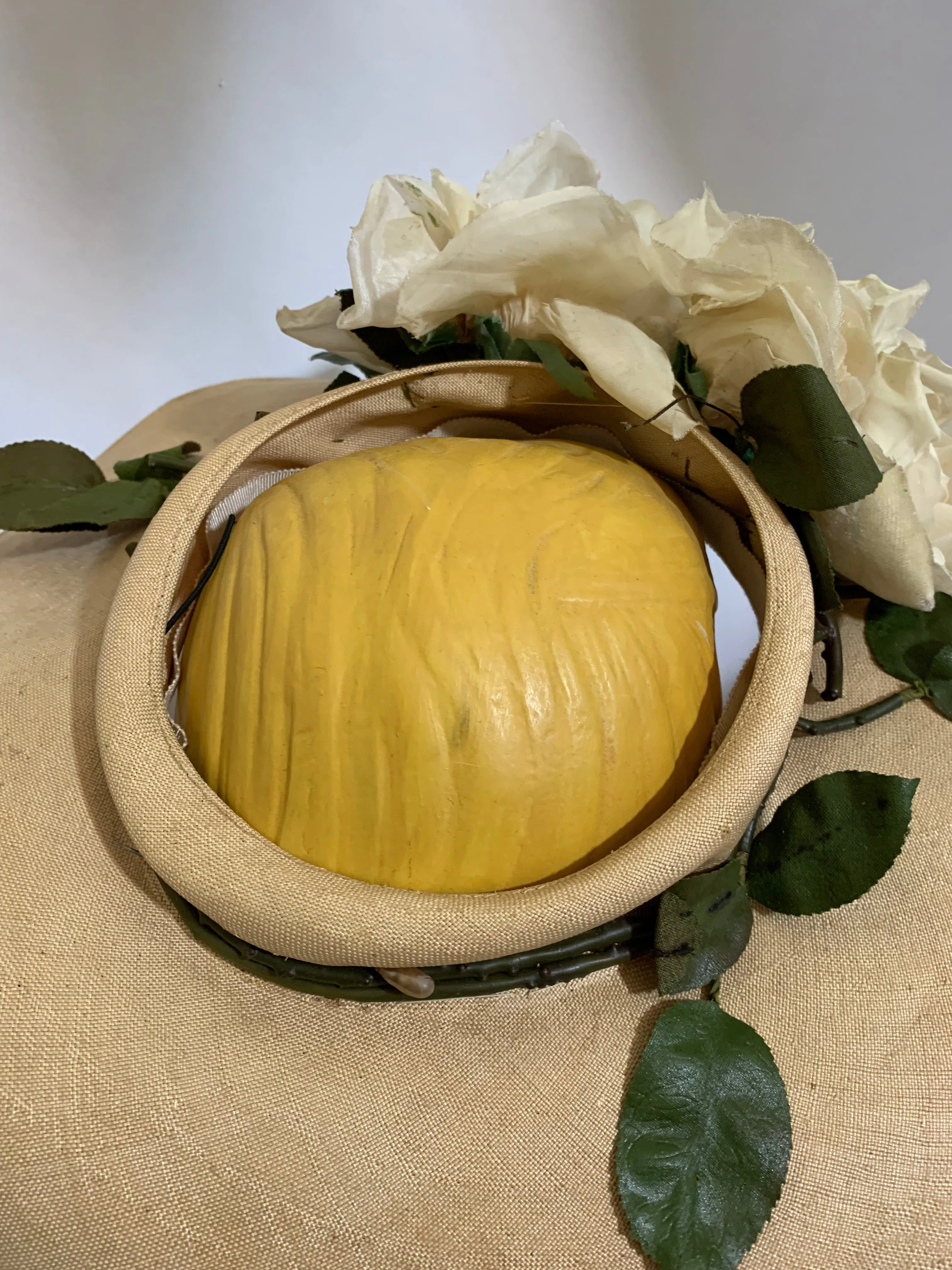 Natural Colored Open Crown Wide Brim Hat with Roses circa 1940s