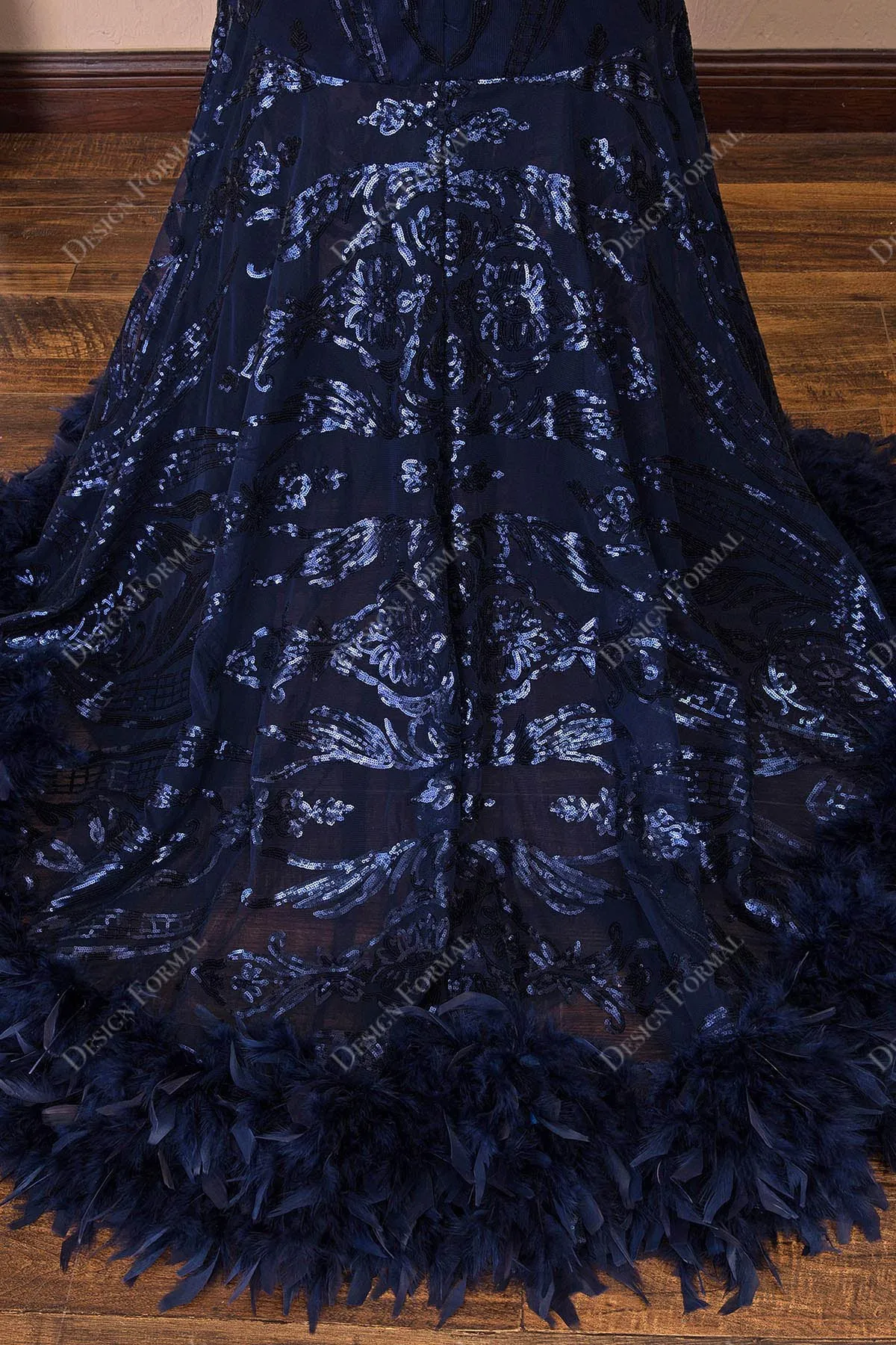 Navy Unique Sequin Long Sleeve Feather Mermaid Plus Size Prom Dress