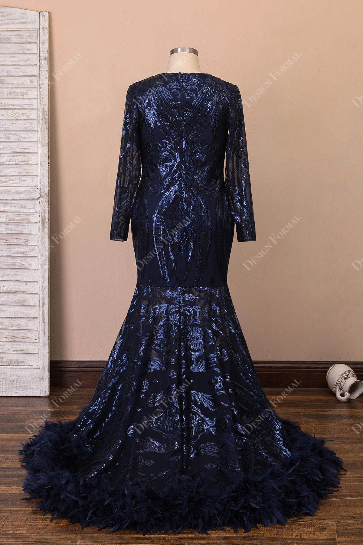 Navy Unique Sequin Long Sleeve Feather Mermaid Plus Size Prom Dress