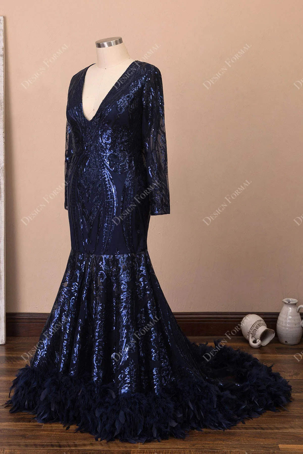 Navy Unique Sequin Long Sleeve Feather Mermaid Plus Size Prom Dress