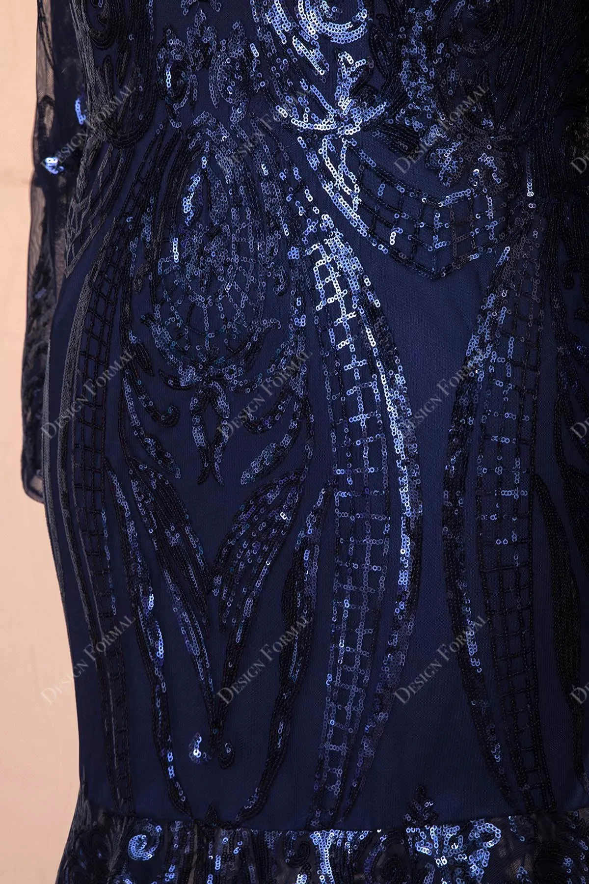 Navy Unique Sequin Long Sleeve Feather Mermaid Plus Size Prom Dress