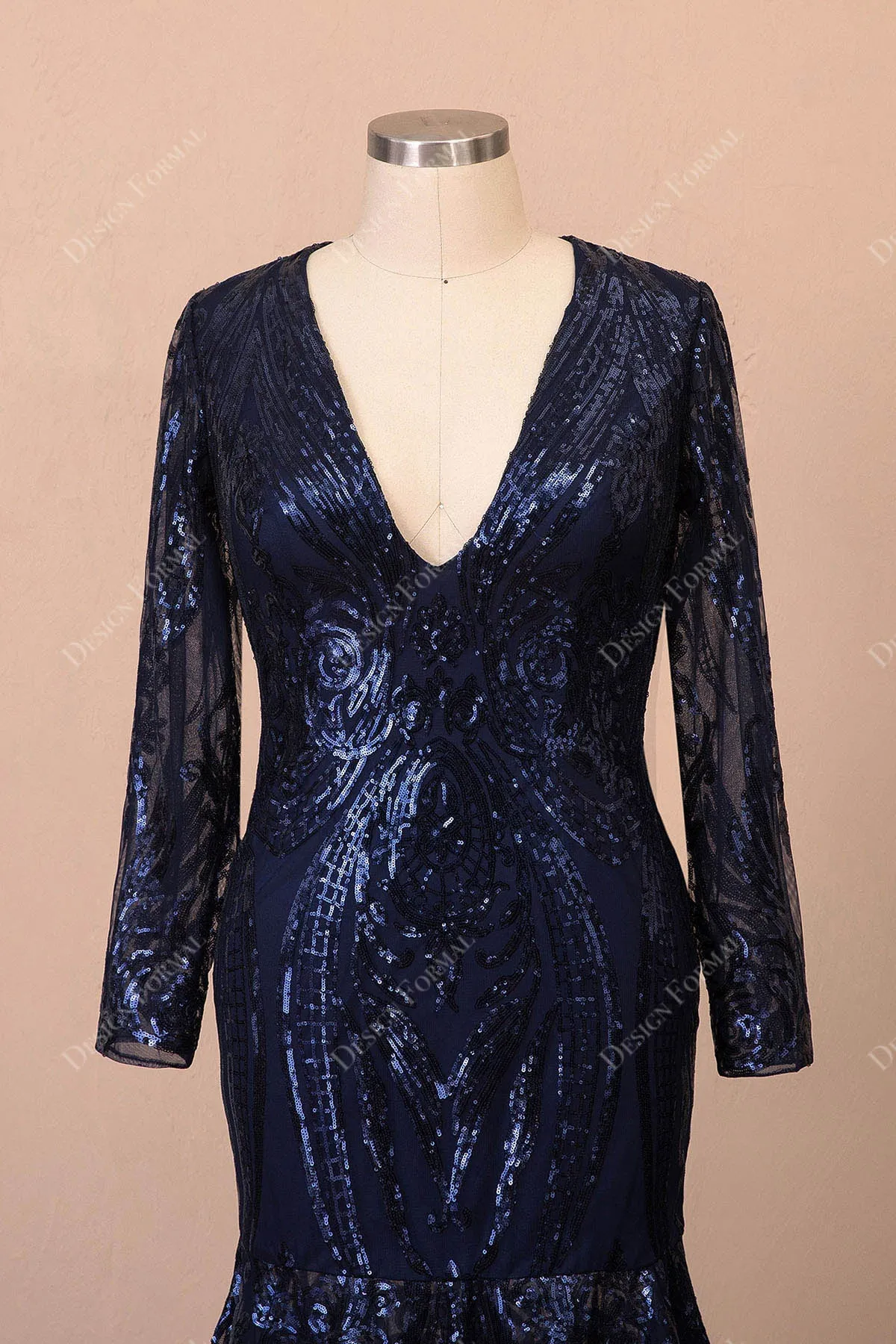Navy Unique Sequin Long Sleeve Feather Mermaid Plus Size Prom Dress