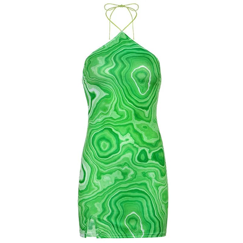 New women's skirt European and American Bohemian style Abstract corrugated printed open back hanging neck skirt women's waist closing dress