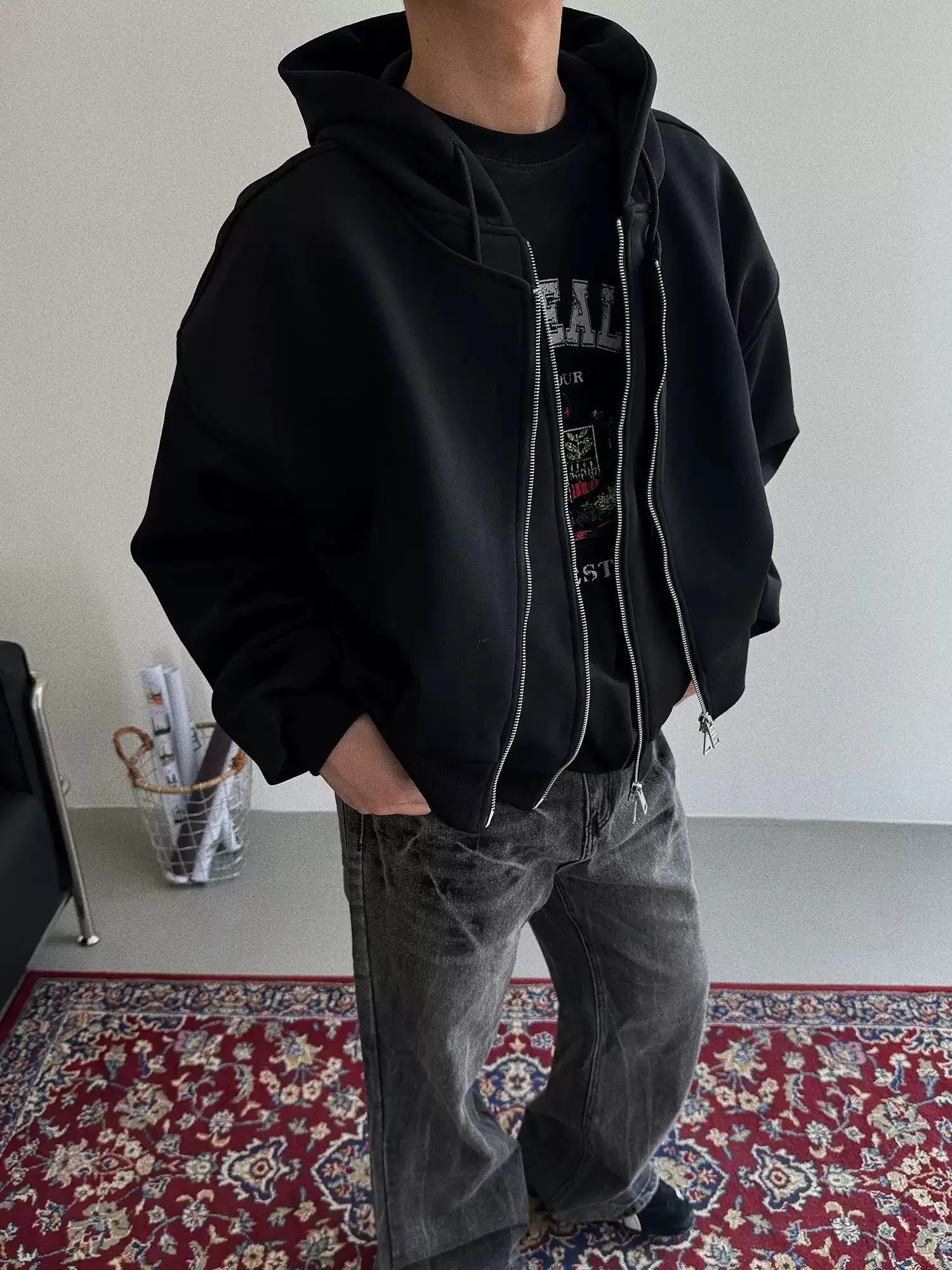 Nine Solid Layered Zip-Up Hoodie
