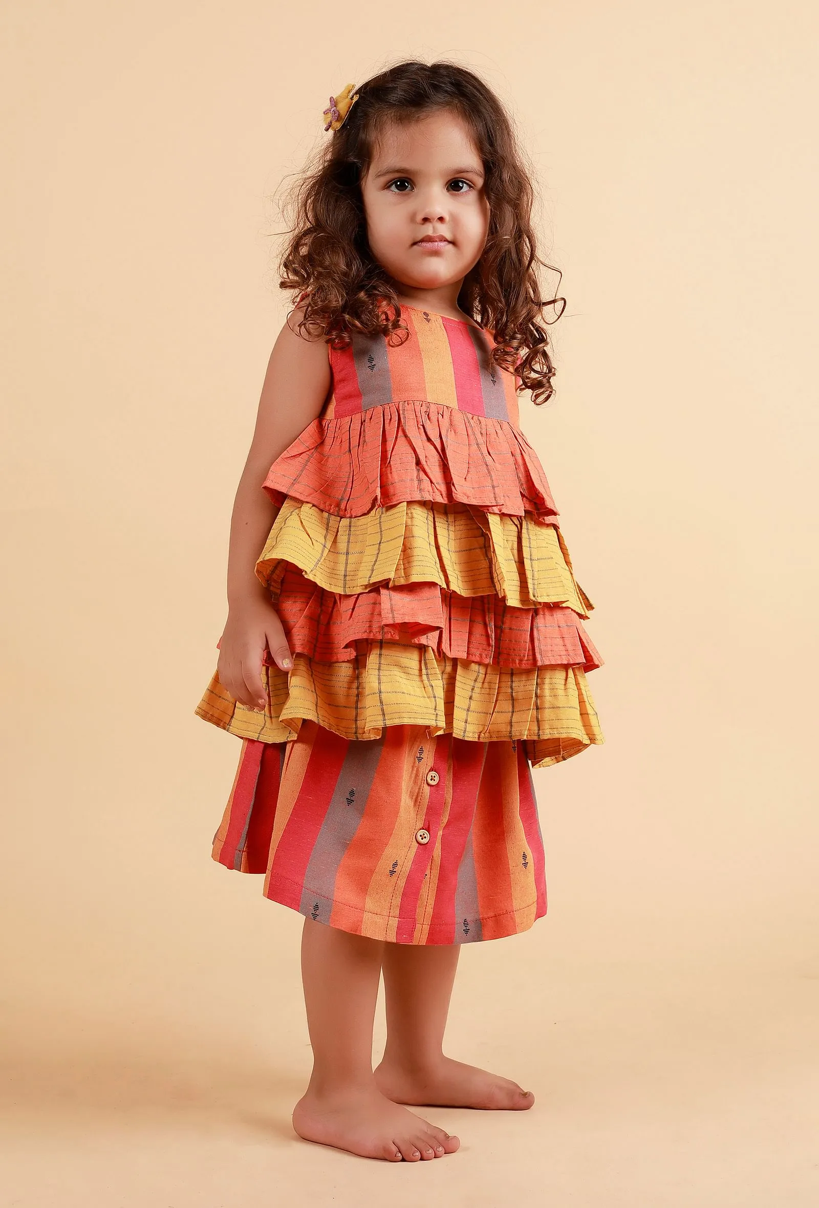 Set of 2:orange Stripe Top With Orange And Multicolor Stripe Skirt