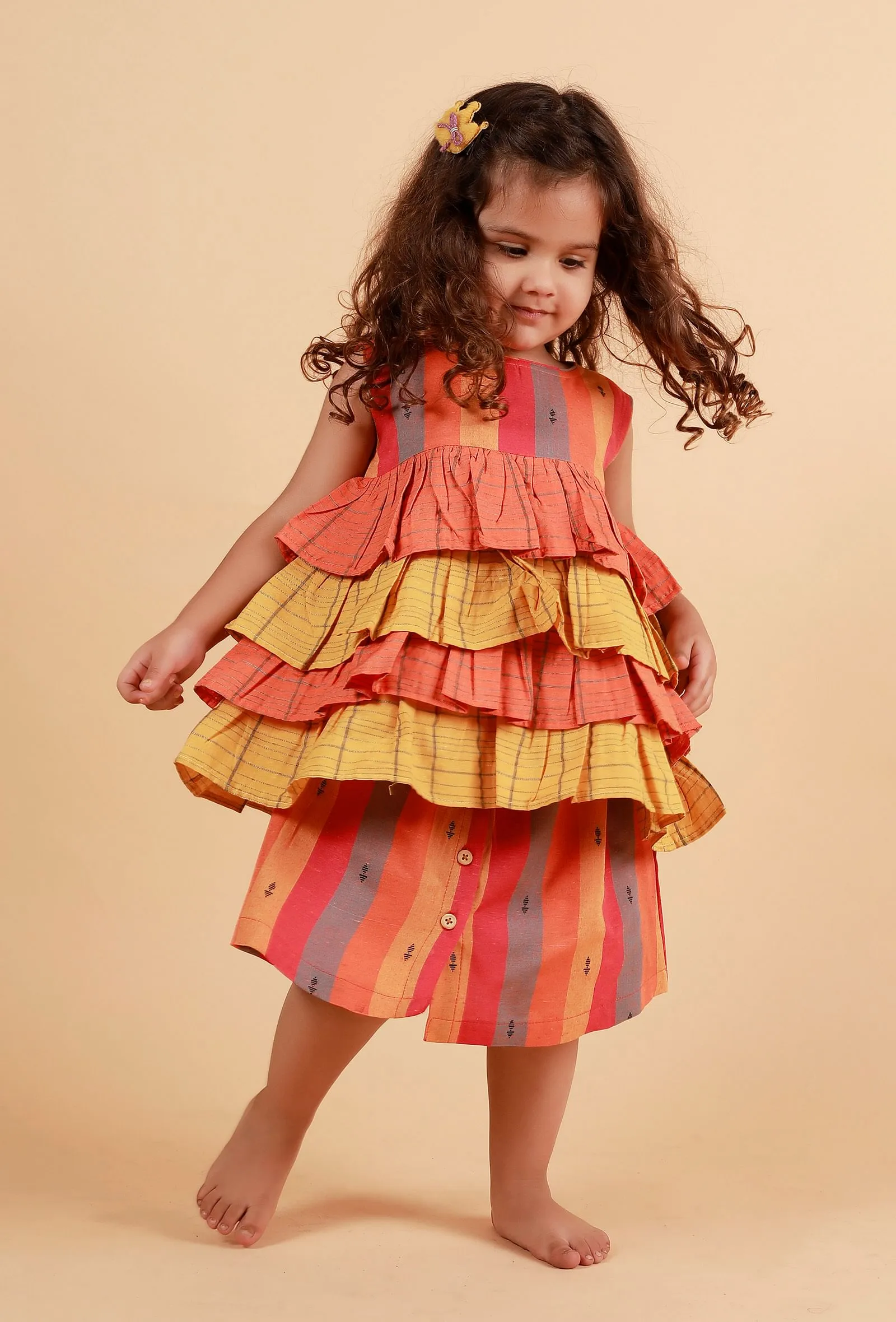 Set of 2:orange Stripe Top With Orange And Multicolor Stripe Skirt