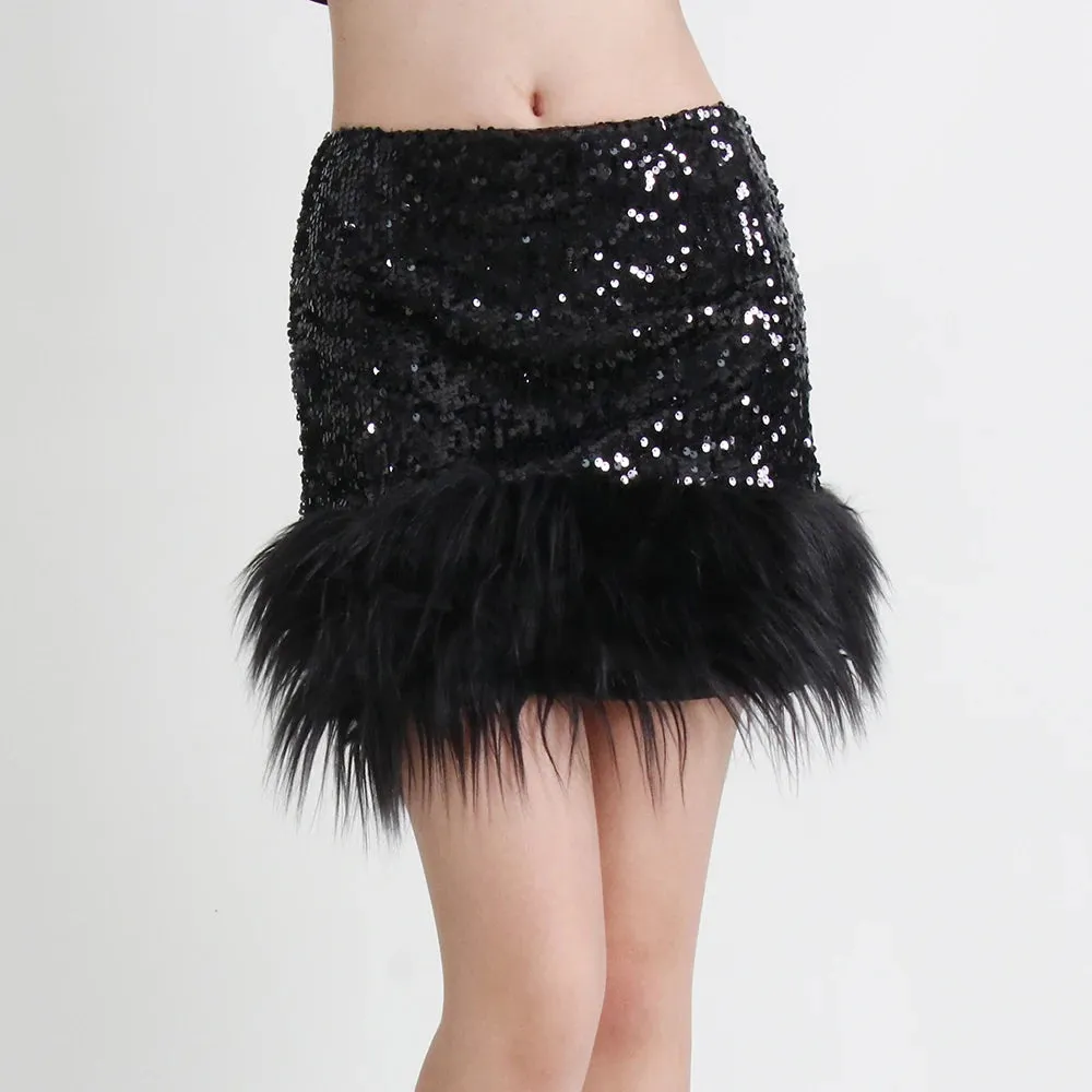 Sexy Sequins Skirt For Women High Waist A Line Solid Minimalist Patchwork Feathers Mini Skirts Female Clothing