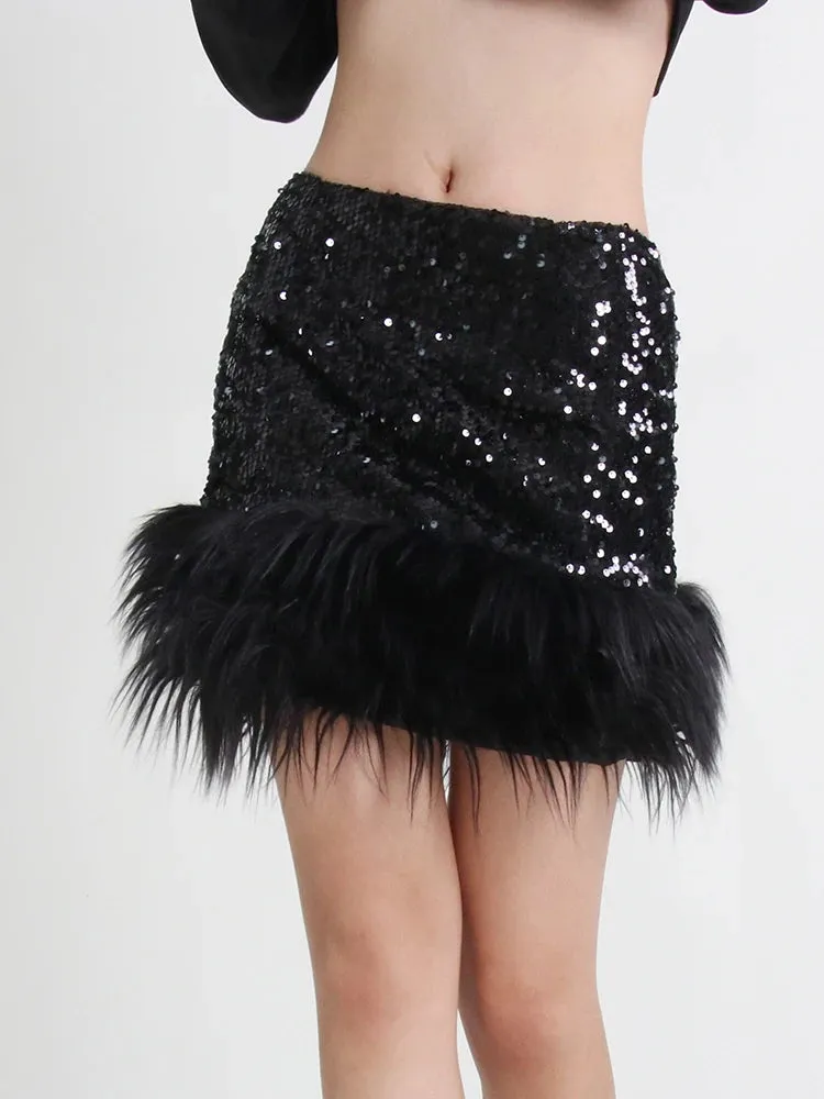 Sexy Sequins Skirt For Women High Waist A Line Solid Minimalist Patchwork Feathers Mini Skirts Female Clothing