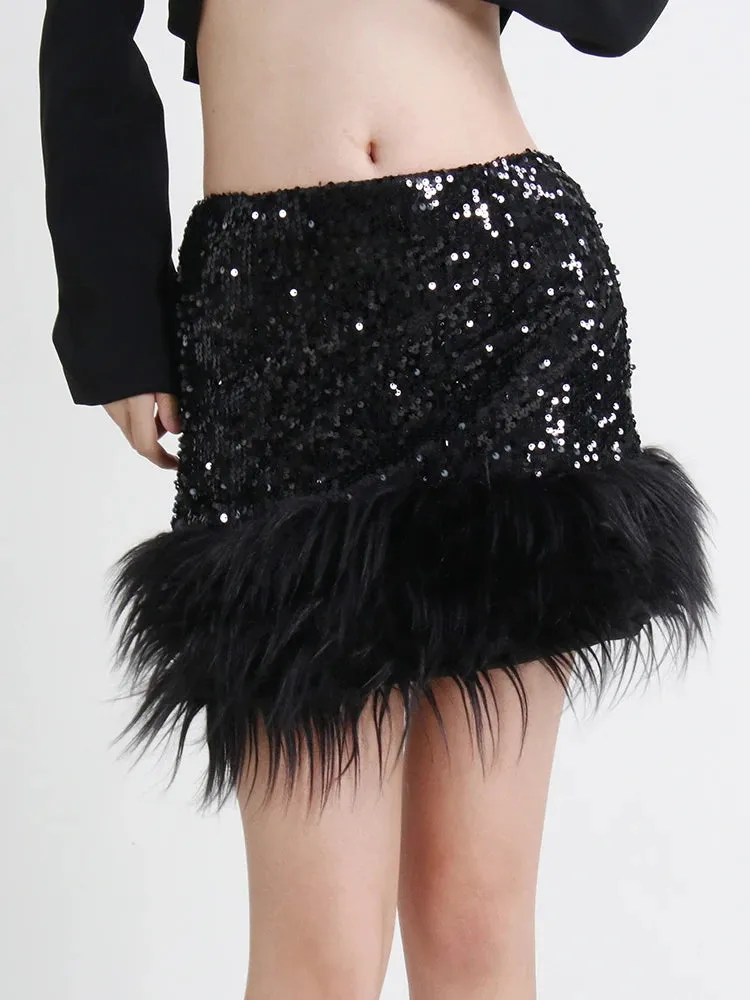 Sexy Sequins Skirt For Women High Waist A Line Solid Minimalist Patchwork Feathers Mini Skirts Female Clothing