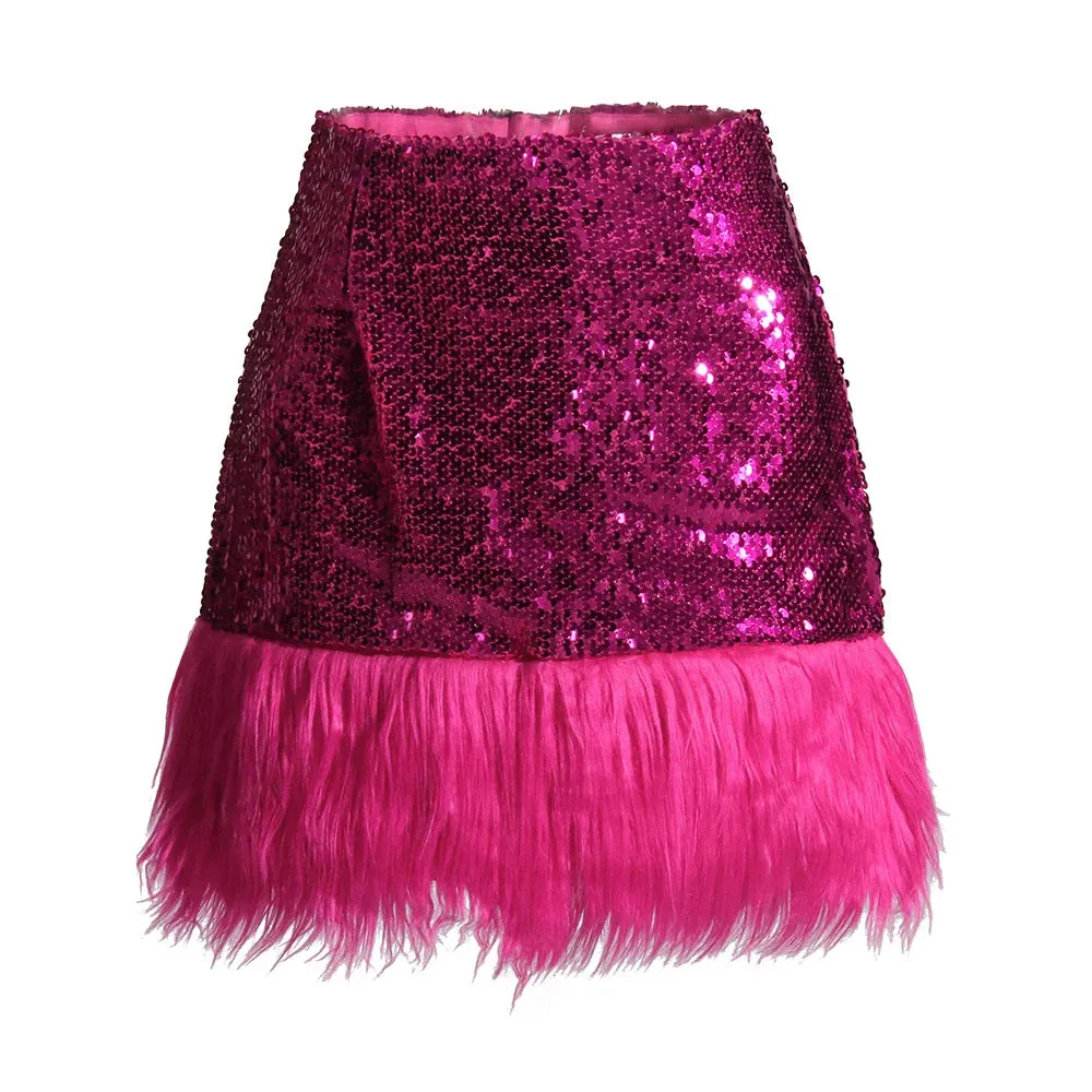 Sexy Sequins Skirt For Women High Waist A Line Solid Minimalist Patchwork Feathers Mini Skirts Female Clothing