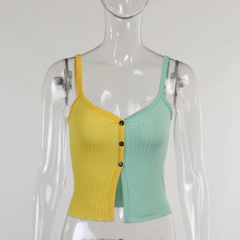 Splicing block color sling cami knitted vest slim fit color matching button placket