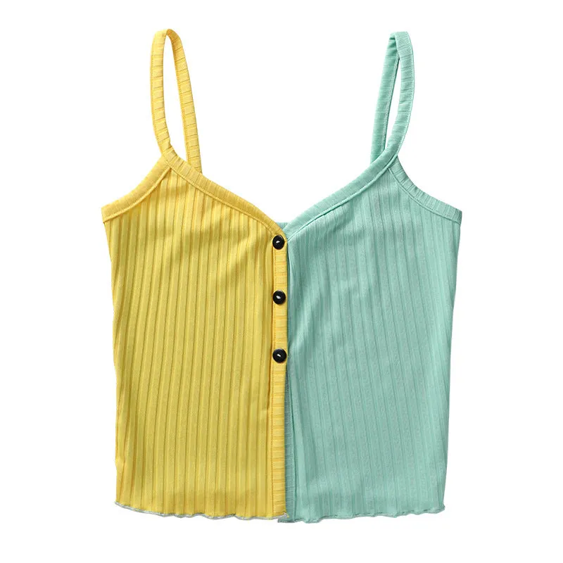 Splicing block color sling cami knitted vest slim fit color matching button placket