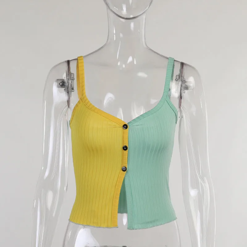 Splicing block color sling cami knitted vest slim fit color matching button placket