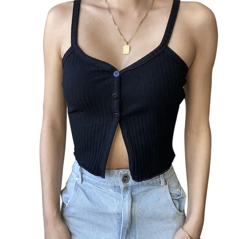 Splicing block color sling cami knitted vest slim fit color matching button placket