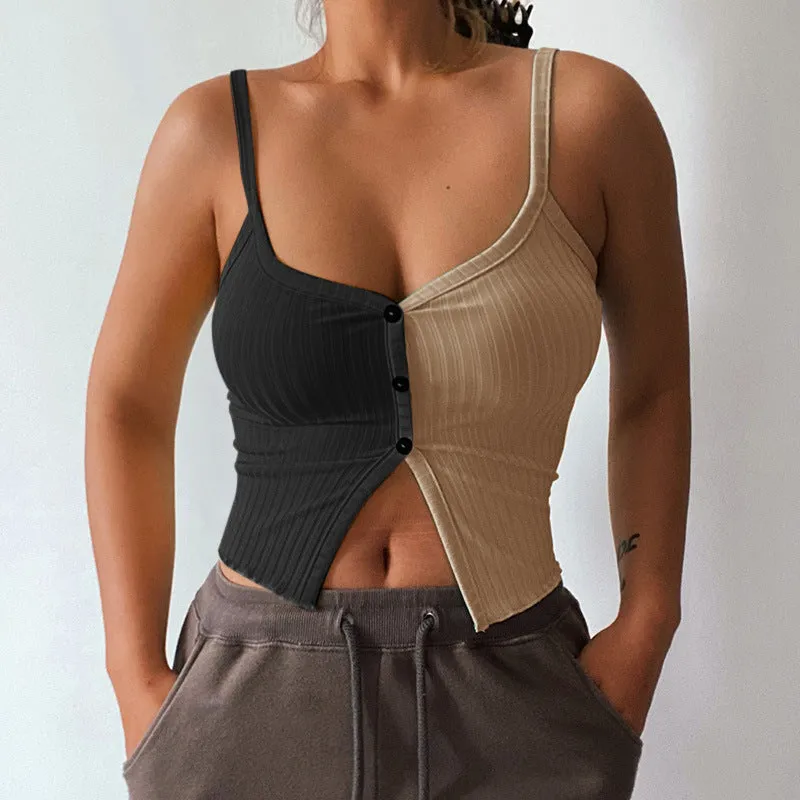 Splicing block color sling cami knitted vest slim fit color matching button placket