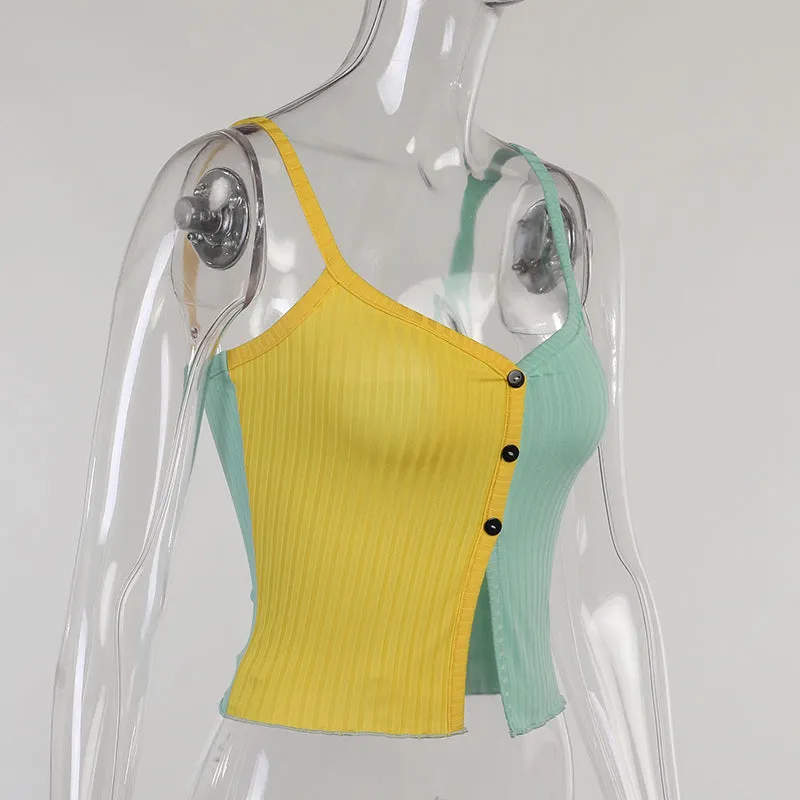 Splicing block color sling cami knitted vest slim fit color matching button placket