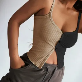 Splicing block color sling cami knitted vest slim fit color matching button placket