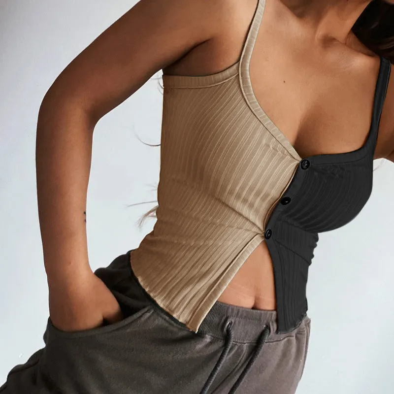 Splicing block color sling cami knitted vest slim fit color matching button placket