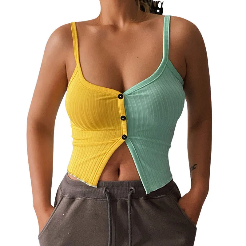 Splicing block color sling cami knitted vest slim fit color matching button placket