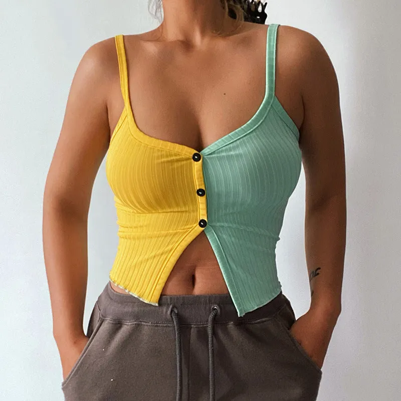 Splicing block color sling cami knitted vest slim fit color matching button placket